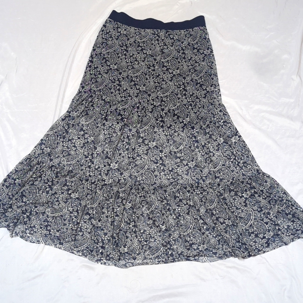 Lavish Navy & White Paisley Boho Semi-Sheer High Waist Pull On Maxi Skirt